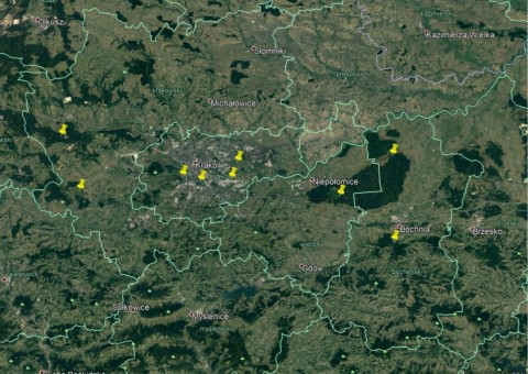 Bufo bufo sampling sites in Krakow area